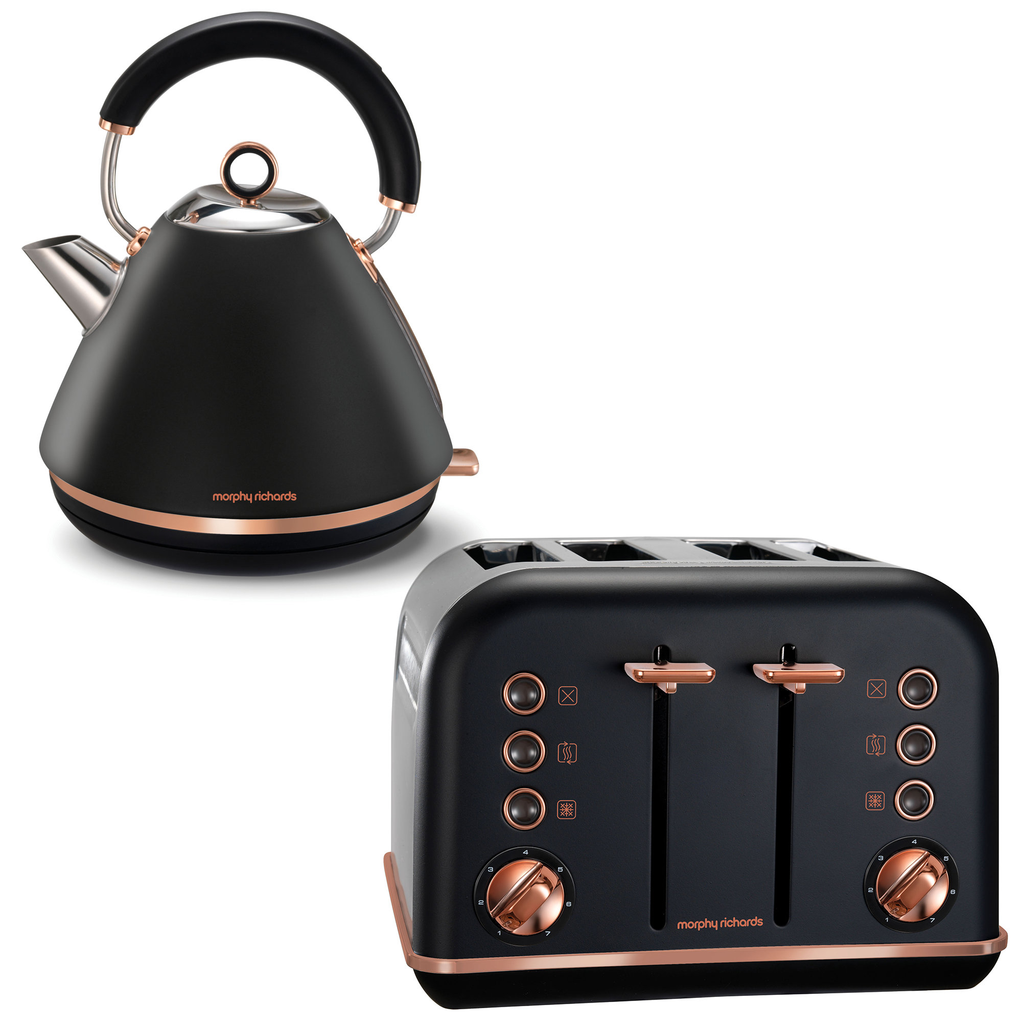 Morphy Richards Black Accents Rose Gold 1.5L Pyramid Kettle and 4 Slice Toaster 